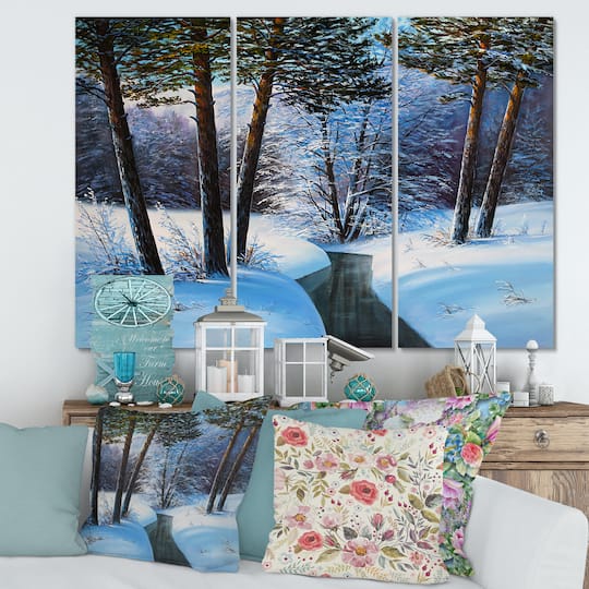 Designart - Christmas Forest With River and Trees III - Traditional Canvas Wall Art Print